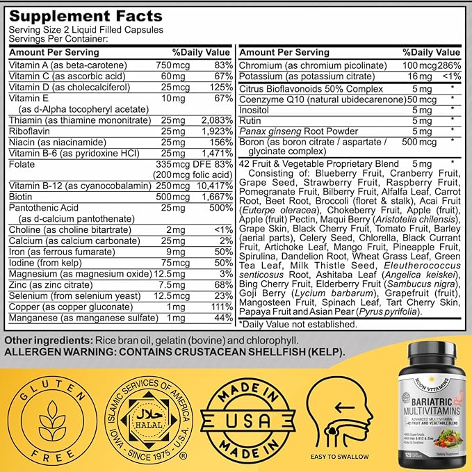Bariatric Multivitamin with Iron for Women & Men All-in-One 42 Superfood Blend for Post-Surgery Easy-to-Swallow -2-Month Supply (- Superfood Blend for Energy, Halal - Made in USA (120 Capsules)