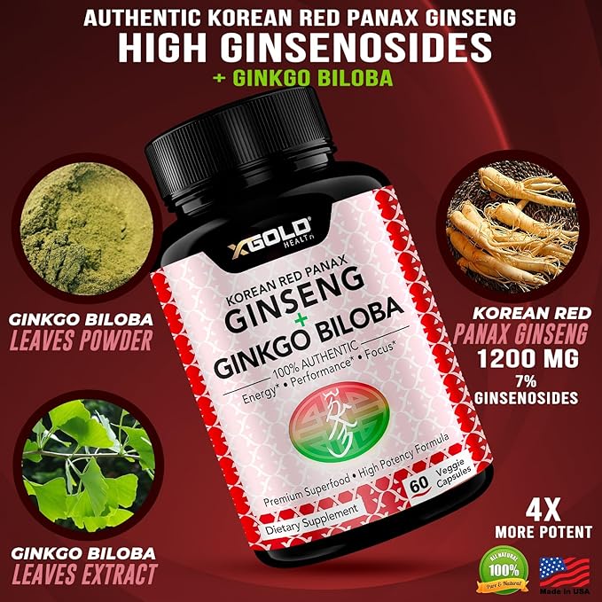 Korean Red Panax Ginseng 1200mg + Ginkgo Biloba - Extra Strength Root Extract Powder Supplement w/High Ginsenosides Vegan Capsules for Energy, Performance & Focus - Supplement for Men & Women