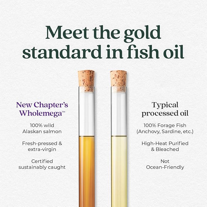 New Chapter Wholemega Fish Oil Supplement - Wild Alaskan Salmon Oil with Omega-3 + Vitamin D3 + Astaxanthin + Sustainably Caught - 60 ct, 1000mg Softgels