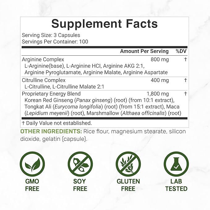 Nitric Oxide Booster 3,000mg Per Serving, 300 Capsules – 12 in 1 Nitric Oxide Supplement – Arginine & Citrulline Complex with Energy Blend – Marshmallow Root – Promotes Nutrient Flow to Muscles &Heart