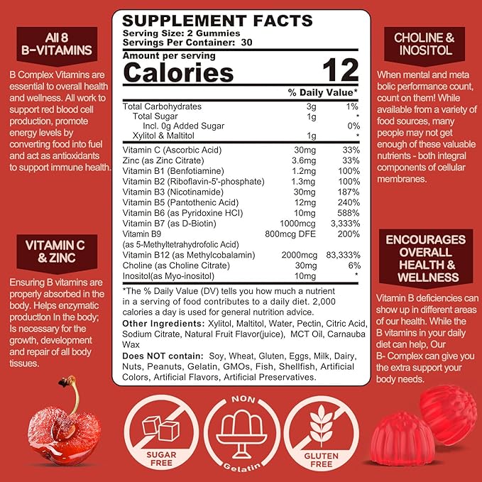 Vitamin B Complex Gummies, Vegan Vitamin B Gummies with 2000 mcg Methyl B12, Methyl Folate | Plus Choline + Inositol, Vitamin C + Zinc for Supports Energy, Mood, Immune, Healthy Hair, Skin - 60 Cts