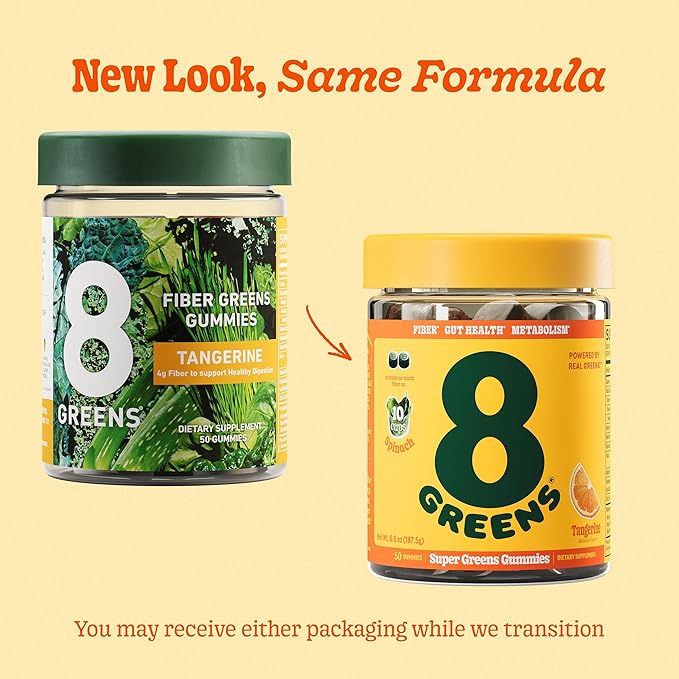 8Greens Daily Fiber Super Greens Gummies - Tangerine Flavor: Boost Immune System & Digestive Health with 8 Real Greens - Non-GMO Formula, Chewables, 50 Vegan Gummies, Pack of 3
