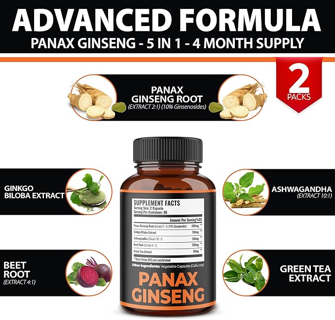 Zolotus 2 Packs Korean Red Panax Ginseng + Ginkgo Biloba, 2800mg with Ashwagandha, Beet Root, Green Tea, Boost Energy, Mood, Focused Strength, Enhanced Stamina Performance, 240 Capsules