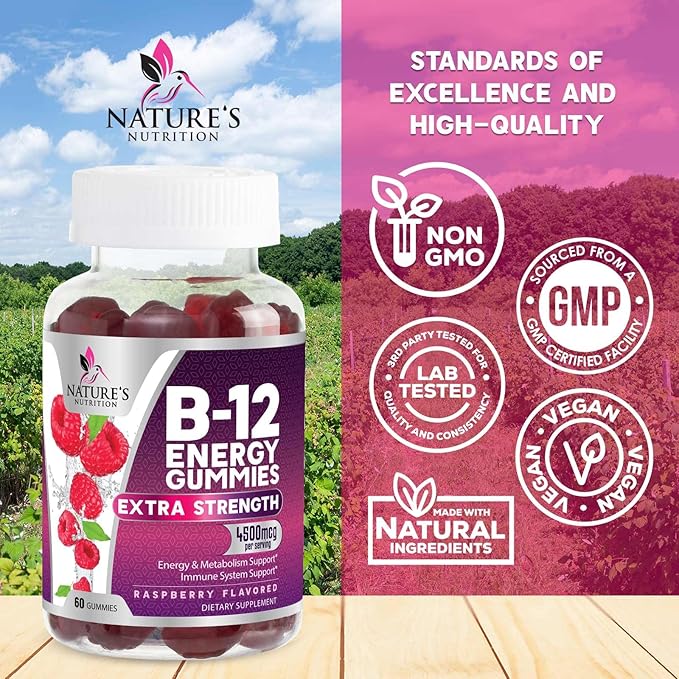 Vitamin B12 Energy Gummies - Extra Strength 4500mcg Chewable for Energy & Nervous System Health Support, B-12 Complex Gummy Vitamin for Women, Men, Kids - Non-GMO, Vegan, Berry Flavor - 60 Gummies