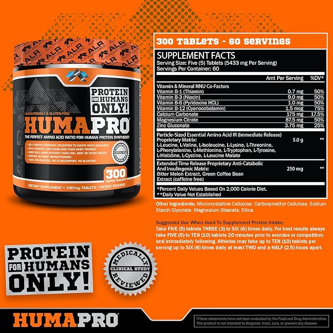 Humapro Tablets | Amino Acids Protein Matrix for Humans | 99% Utilization for Lean Muscle | Vegan, Gluten Free | 300 Tablets / 60 Servings