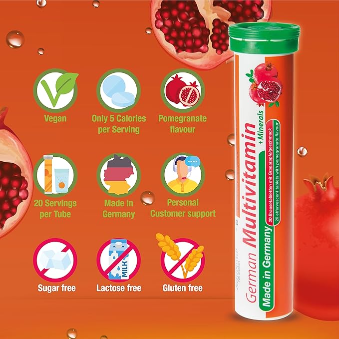 T&D German Multvitamin + Minerals 10 Vitamins 2 Minerals - 480 Vegan Drink Effervescent Tablets - Pomegranate Flavor - Made in Germany