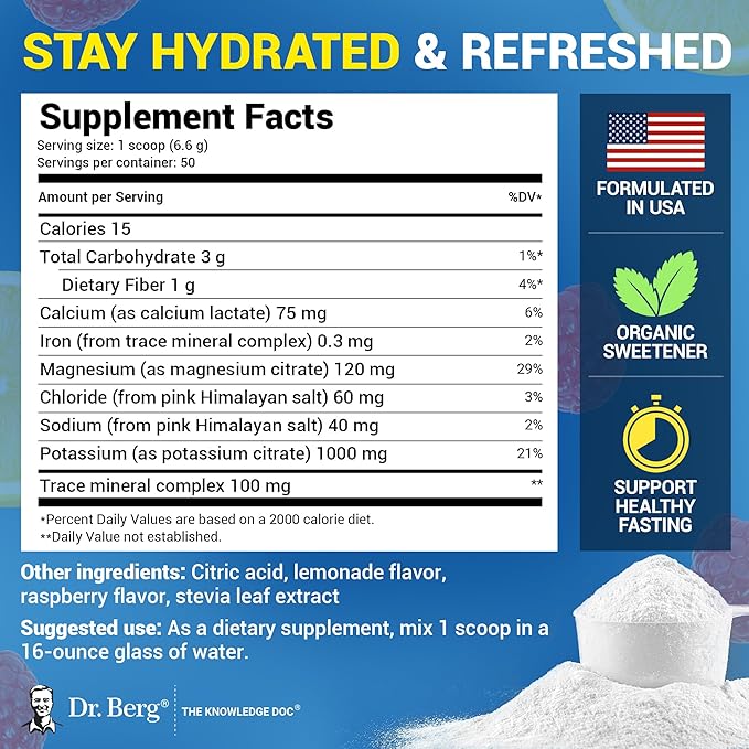 Dr. Berg Zero Sugar Hydration Keto Electrolyte Powder - Enhanced w/ 1000 mg of Potassium & Real Pink Himalayan Salt (NOT Table Salt) - Raspberry & Lemon Hydration Drink Supplement - 50 Servings 3 Pack