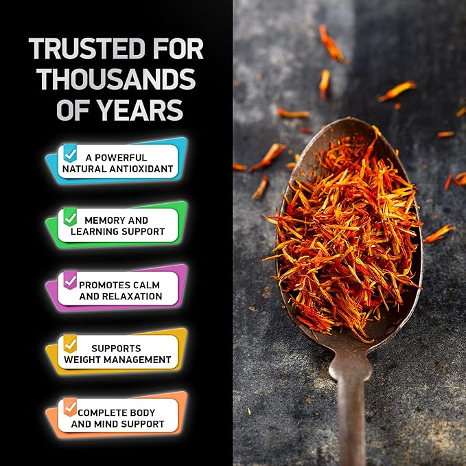 Optimized Saffron Supplements - 88.5mg Pure Saffron Extract for Mood Support, Focus, Energy - Happy Saffron Plus Crocin, Crocetin, Kaempferol - Gluten-Free, Non-GMO - 1-a-Day 60 Vegan Saffron Capsules