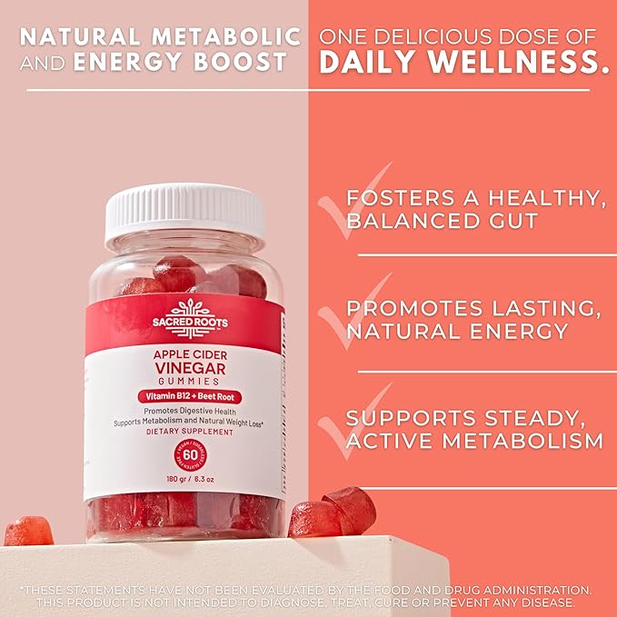 Apple Cider Vinegar Gummies - Sugar Free Apple Cider Gummies with Vitamin B12 and Beetroot Powder - Vegan, Non-GMO & Gluten-Free, Made in USA (30 Servings)