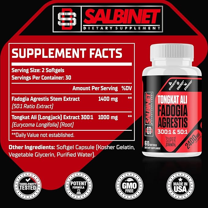 2400mg Fadogia Agrestis Tongkat Ali Supplements - Third Party Tested - 1400mg Fadogia Agrestis & 1000mg Tongkat Ali, Maximum Strength, Muscle Mass & Athletic Performance, 6 Packs