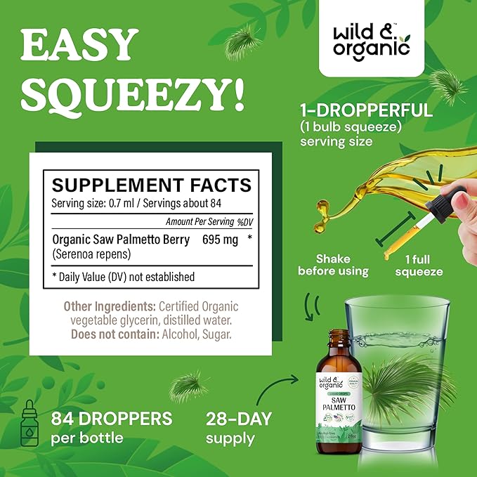 Wild & Organic Saw Palmetto Liquid Drops - Urinary Health w/Saw Palmetto for Men - Alcohol-Free Liquid Saw Palmetto for Urinary Support - Pure Saw Palmetto Supplement - Serenoa Repens - 2 oz