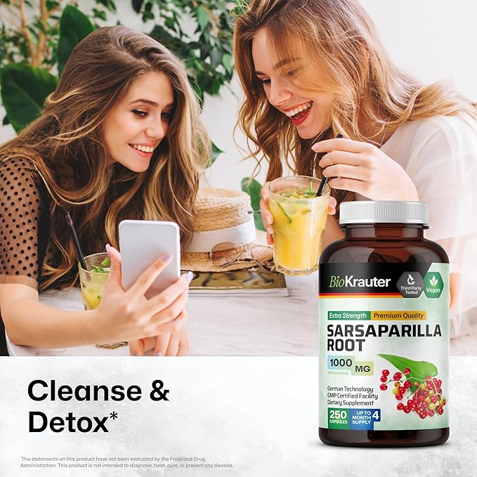 BIO KRAUTER Sarsaparilla Root Capsules - 1000 mg Pure Sarsaparilla Extract Capsules - 250 Vegan Sarsaparilla Root Powder Caps - Sarsaparilla Herb Supplement