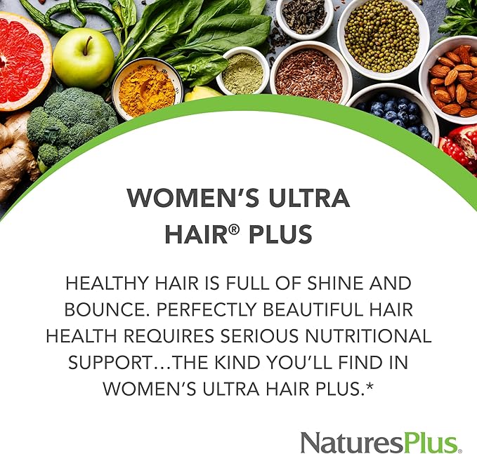NaturesPlus Women's Ultra Hair Plus, Sustained Release - 60 Tablets - All-Natural Hair Growth Supplement - with Biotin - Promotes Healthy Hair, Skin & Nails - Gluten-Free - 30 Servings