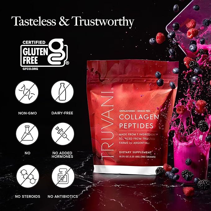 Truvani Hydrolyzed Collagen Peptides | Unflavored | 14 Servings | 20g Grass-Fed Collagen Protein Powder | Promotes Hair, Nail, Skin, and Joint Health | Keto | Dairy and Gluten Free | Women and Men