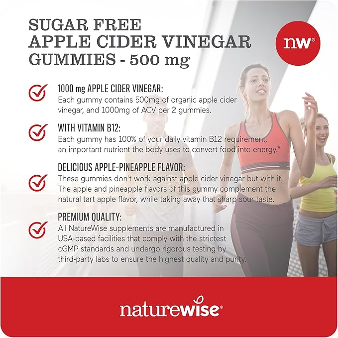 NatureWise Apple Cider Vinegar ACV Gummies - 1000mg ACV per 2, Sugar Free, Vegan - Energy & Gut Health - ACV Gummies W/Vitamin B12-90 Gummies[1.5-Month Supply for 1000mg / 3-Month Supply for 500mg]
