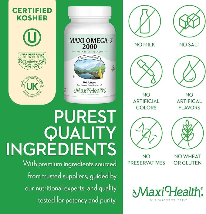 Omega 3 Fish Oil - Triple Strength 2000 mg Kosher Fish Oil Supplements - No Fishy Aftertaste Omega 3 Supplement - Burpless Fish Oil Omega 3 Fatty Acid Supplement with EPA and DHA (100 Softgels)
