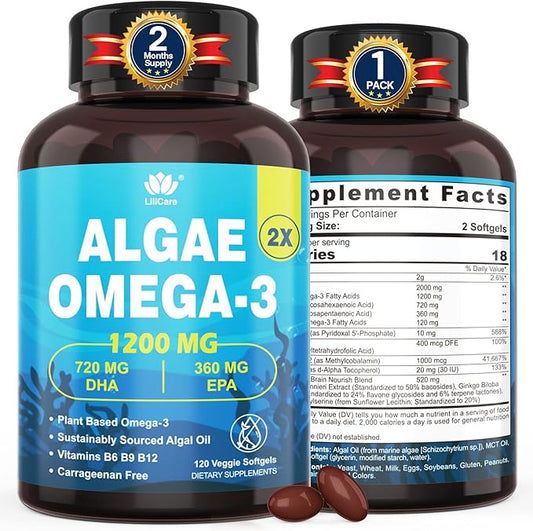 Vegan Omega-3 Algae Oil + DHA 720mg & EPA 360mg, Methyl B9, B12, Vitamin B6 & E, Plant-Based Fish Oil Alternative Omega 3 Supplement, for Brain, Eye, Energy, Immunity, Carrageenan Free, 120 Softgels