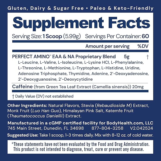 BodyHealth PerfectAmino Powder - BCAA and EAA Powder for Pre and Post Workout - Amino Acid Energy Drink Powder for Men and Women to Support Lean Muscle and Recovery - Mocha - 60 Servings