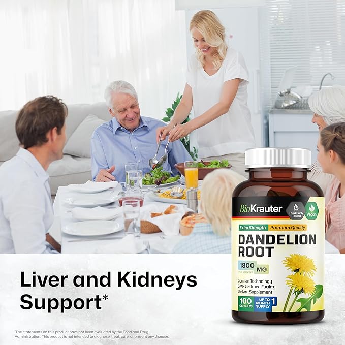 BIO KRAUTER Dandelion Root Capsules - 1800 mg Strength - 100 Count - Dandelion Root Supplement - Vegan Dandelion Powder Capsules for Digestion, Liver Support, Cleansing and Immunity