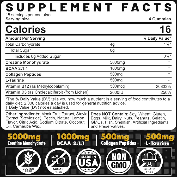 Creatine Monohydrate Gummies 5g for Men & Women, 7000mg with BCAA, Collagen Peptides, L-Taurine, Vitamin B12, D3, Chewables Creatine for Muscle, Delicious Natural Lemon Flavor, Sugar Free, 2 Pack