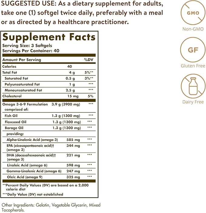Solgar 1300 mg Omega 3-6-9, 120 Softgels - Fish Oil Supplement - Support for Heart, Joint & Skin Health - Includes Flaxseed & Borage - Contains EPA & DHA - Omega 3 Fatty Acids - 40 Servings