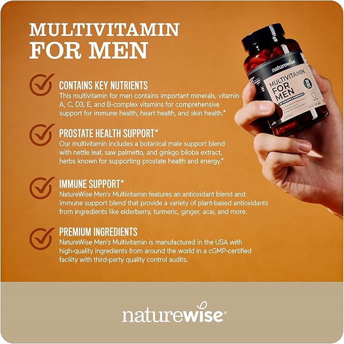 NatureWise Multivitamin for Men - Daily Male Support - Minerals & Herbs for Energy, Performance, Immunity - with Vitamin A, C, D, B-Complex - Soy & Gluten-Free, Non-GMO - 90 Capsules[45-Day Supply]