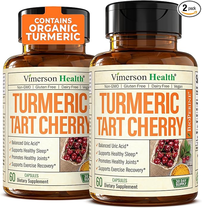 Turmeric Curcumin & Tart Cherry Extract Capsules with Black Pepper & Organic Tumeric. Tart Cherry Capsules Aid Uric Acid Balance, Joint Health, Muscle Health & Sleep. 2 Pack