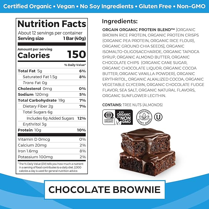 Orgain Organic Vegan Protein Bars, Chocolate Brownie - 10g Plant Based Protein, Low Calorie Healthy Snacks, No Lactose or Soy Ingredients, Gluten Free, Non-GMO - 1.41 Oz (Pack of 12)