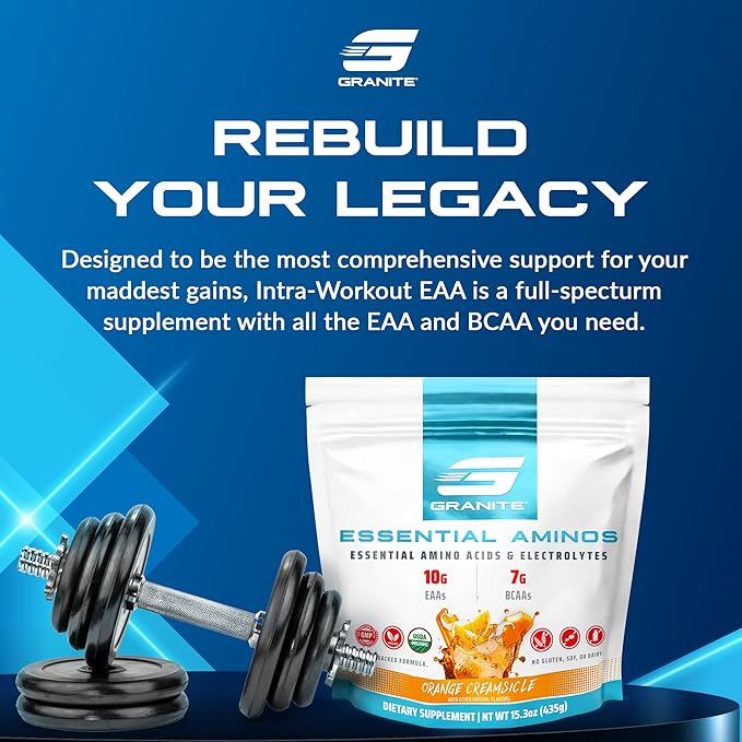 Granite 10g Essential Amino Acids Powder | Muscle Recovery Supplement for Muscle Growth | 7g BCAA Powder with Electrolytes | 30 Servings | Orange Creamsicle Flavor | Soy & Gluten Free | Made in USA