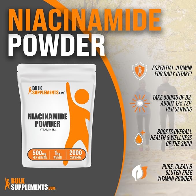 BulkSupplements.com Niacinamide Powder - Niacinamide Supplement, Vitamin B3 Supplement, Niacinamide 500mg - B3 Vitamins for Skin Health, Pure & Gluten Free - 500mg per Serving, 1kg (2.2 lbs)