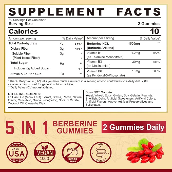 Berberine Supplement 1500mg with Soluble Fiber, B1, B3 & B6, Sugar Free Berberine HCL Gummies, High Bioavailability AMPK Activitor for Metabolism Balanced, Daily Digestive & Gut Health, 120 Cts