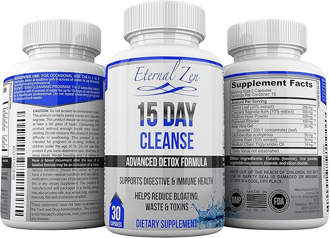 Eternal Zen 15 Day Colon Cleanser Detox with Extra Strength Herbs, Senna is a Fast Acting Natural Laxative for Constipation Relief - Whole Body Cleanse - 30 Capsules