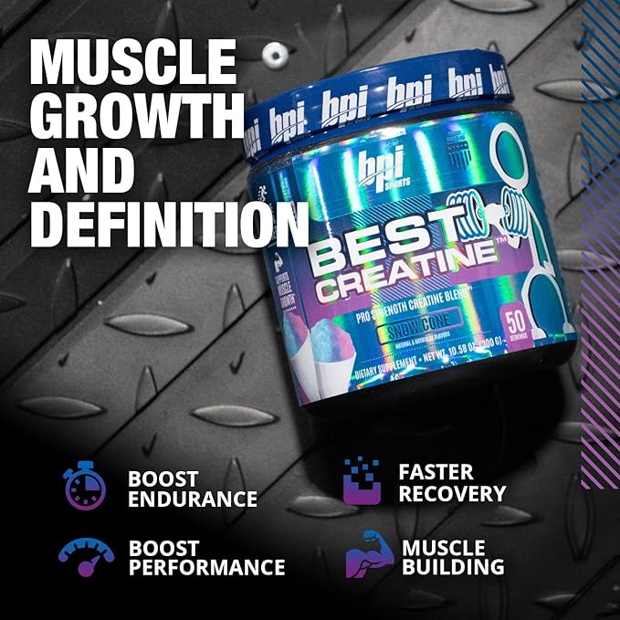 BPI Sports Best Creatine - Creatine Monohydrate, Himalayan Salt - strength, Pump, Endurance, Muscle Growth, Muscle Definition - No Bloat - Snow Cone - 50 servings - 10.58 Oz