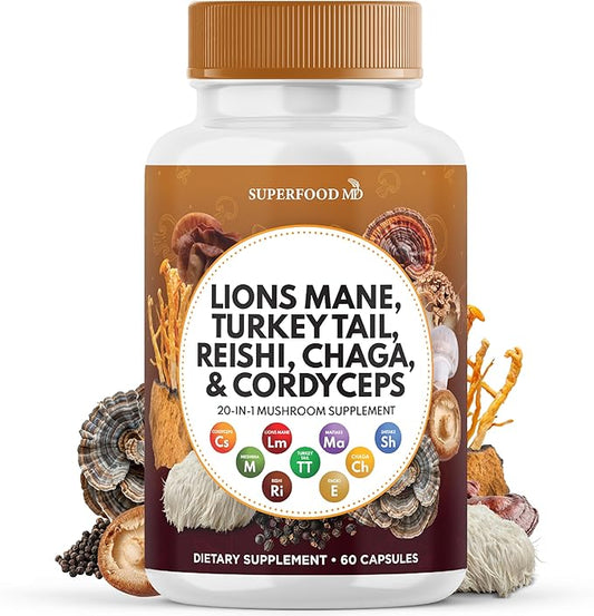 Lions Mane 3000mg 20in1 Mushroom Supplement with Turkey Tail 2000mg Reishi 1000mg Cordyceps Chaga 1000mg with Marshmallow Root - 60 Count