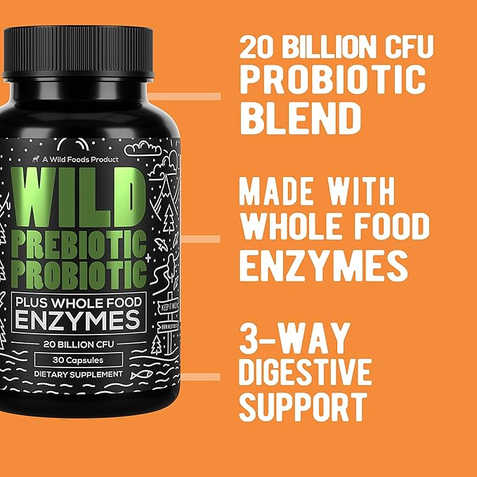 Wild Prebiotics and Probiotics with Digestive Enzymes | 20 Billion CFU - 10 Strains for Women & Men | Support Gut Health & Digestion Supplements | Non-GMO Prebiotic Fiber | 30 Count (Pack of 2)