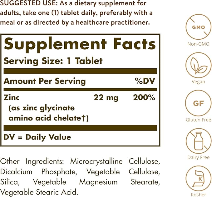 Solgar Chelated Zinc, 250 Tablets - Zinc for Healthy Skin - Supports Cell Growth & DNA Formation - Exerts Antioxidant Activity - Supports A Healthy Immune System - Non GMO, Vegan - 250 Servings