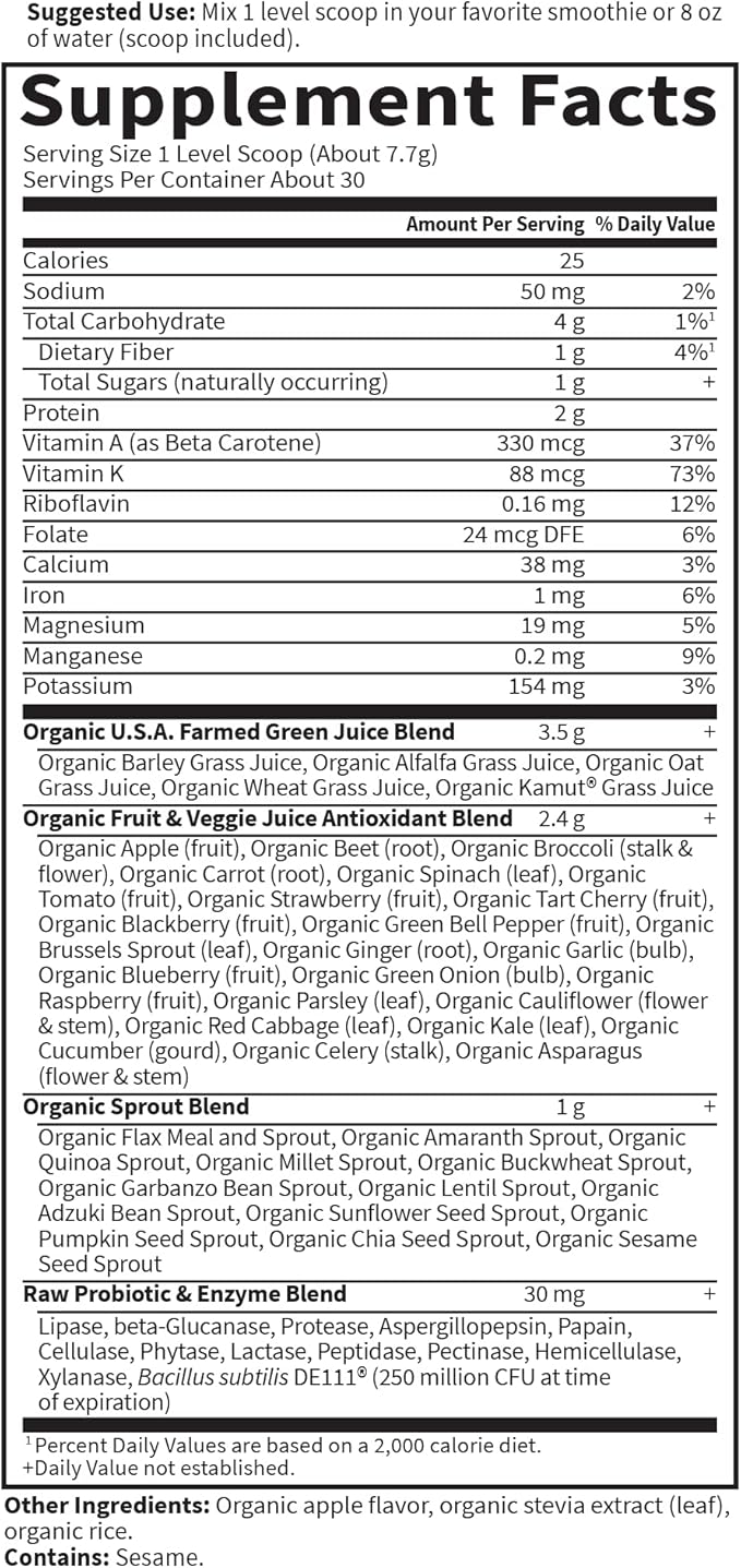Garden of Life Raw Organic Perfect Food Green Superfood Juiced Greens Powder - Apple Flavor, 30 Servings - Vegan Gluten Free Whole Food Dietary Supplement, Greens Plus Probiotics & Enzymes