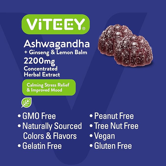 Ashwagandha Supplements Gummies with Ginseng & Lemon Balm Herbal Extract - Ashwagandha Gummies for Calm, Relax, Restore, Unwind - Vegan, Gelatin Free, Gluten Free - Tasty Chewable Berry Flavored