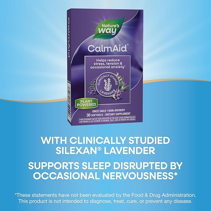 Nature's Way CalmAid, with Silexan Lavender Oil, Helps Reduce Tension and Stress*, Non-Drowsy, 30 Softgels (Packaging May Vary)
