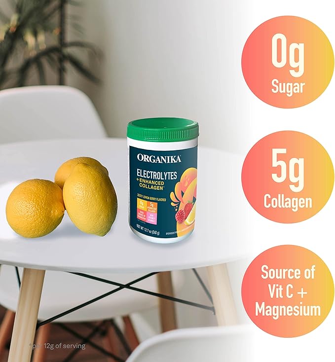 Organika Electrolytes + Enhanced Collagen- Zesty Lemon Berry Flavour- Sugar-Free Hydration + Protein 360 gram - 30 Servings