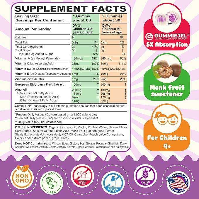 Elderberry + Vitamin C & Zinc Immune Support Gummies for Kids 4+, Omega-3, Vitamin D3, A, E, Sugar Free Daily Childrens Daily Multi Vitamins Gummy | Immunity, Eye & Brain Health | Non-GMO, 60 Count