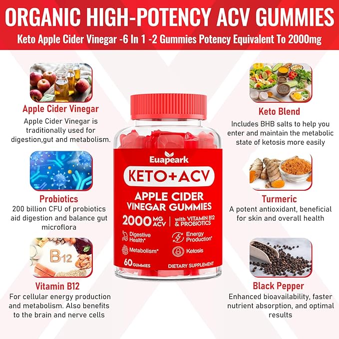 Apple Cider Vinegar Gummies, Keto ACV Gummies with Probiotics, Vitamin B12 & Keto Support, 2000 mg ACV Gummies with Mother for Digestion, Metabolism, Cleanse & Detox Diet, Vegan, Low Sugar, 60 Counts