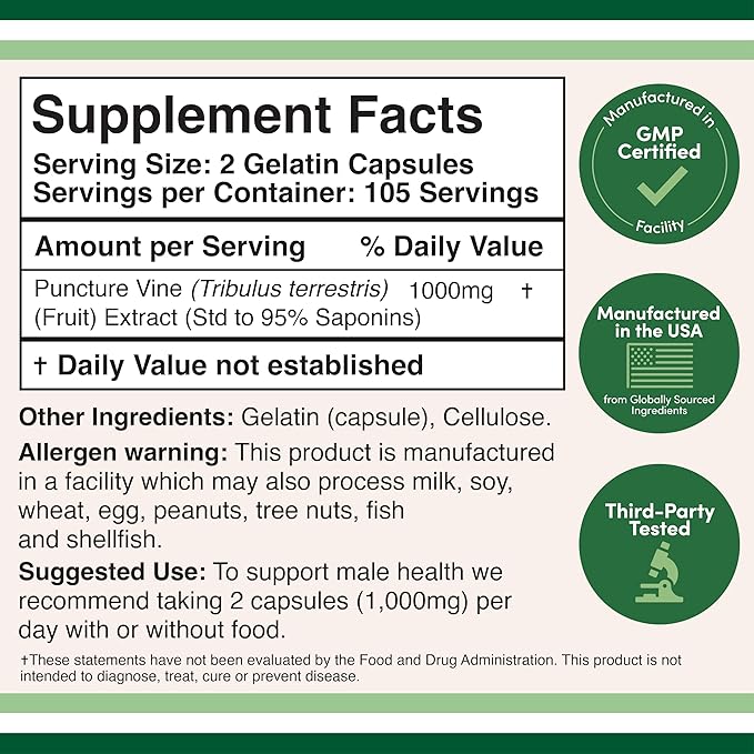 Tribulus Terrestris for Men (Purest 95% Saponin Content) 210 Capsules, 1,000mg Concentrated Fruit Extract (Third Party Tested, Vegan Safe, Non-GMO) for Stamina and Energy by Double Wood