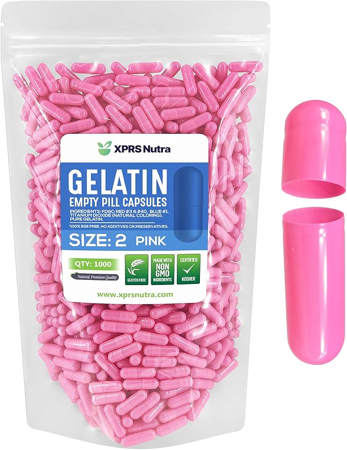 XPRS Nutra Size 2 Empty Capsules - 1000 Count Empty Gelatin Capsules - Empty Pill Capsules - DIY Capsule Filling - Pure Bovine Pill Capsules Empty Gel Caps (Pink)