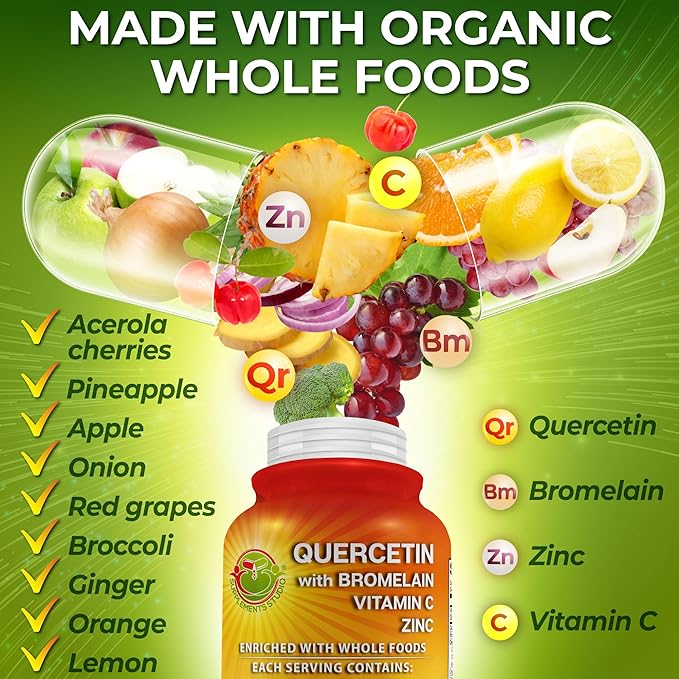 Quercetin with Bromelain Vitamin C and Zinc with Organic Whole Food Quercetin Blend - 1215mg per Serving - Phytosome Quercetin 500mg Capsules with Ginger and Flavonoids for Immune Support - 120 count