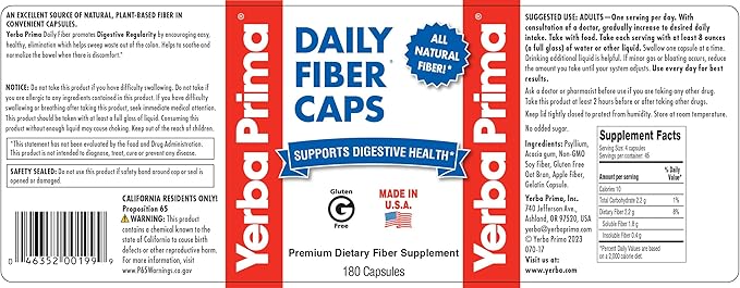 Yerba Prima Daily Fiber Caps - 180 Capsules, (Pack of 4) - Soluble & Insoluble Dietary Fiber Supplement - Colon Cleanse - Gut Health - Vegan, Non-GMO, Gluten-Free
