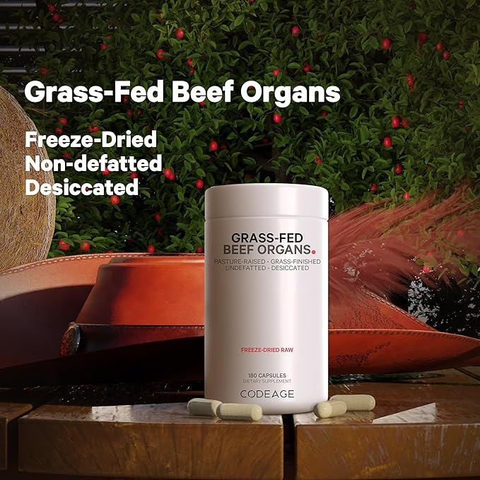 Codeage Grass Fed Beef Organs Supplement – Glandulars Supplements - Freeze Dried, Non-Defatted, Desiccated Liver, Heart, Kidney, Pancreas & Spleen Bovine Pills – Beef Vitamins - Non-GMO -180 Capsules