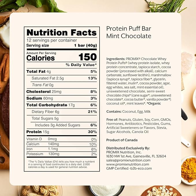 ProMix Protein Puff Bars, 12-Pack - Mint Chocolate- Marshmallow Crispy Treat - Great Tasting & Healthy On The Go Snack - High Protein & Low Calorie - Non-GMO & Free From Gluten, Soy, & Corn