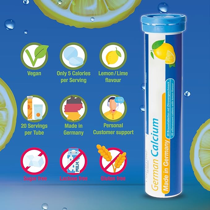 German Calcium 140 Drink Effervescent Tablets - Lemon Lime Flavour - 500 mg Calcium, Sugarfree, Vegan- T&D Pharma – Made in Germany