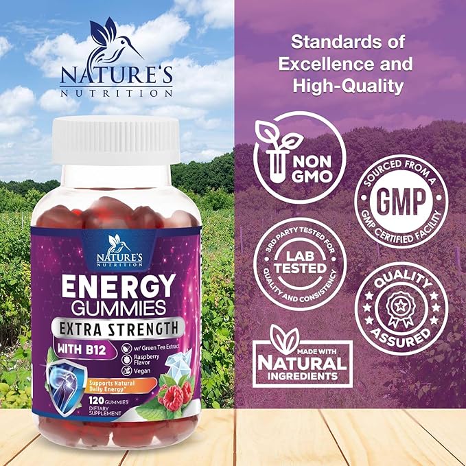 Energy Gummies Vitamin B12, Green Tea Natural Caffeine Support, Extra Strength 1000 mcg Daily Energy Vitamins, Delicious Berry Flavor Gluten Free Chewable Supplement for Cycling & Running - 120 Chews